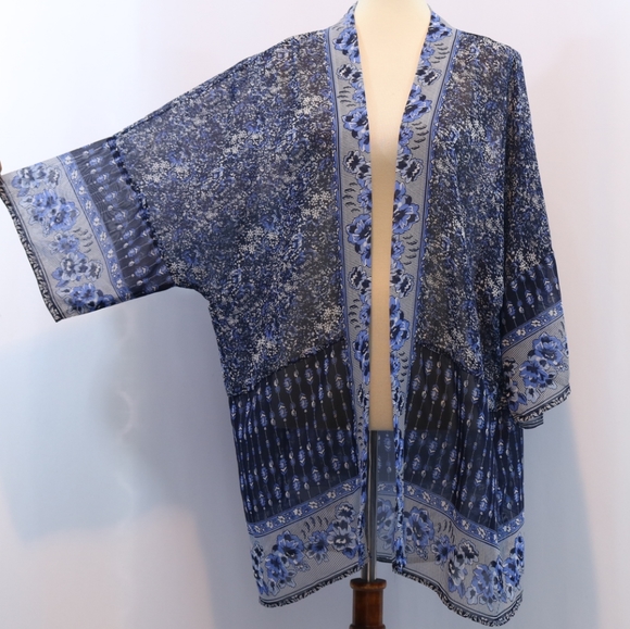 Wild Blue Tops - Wild Blue Chiffon Print Open Front Kimono